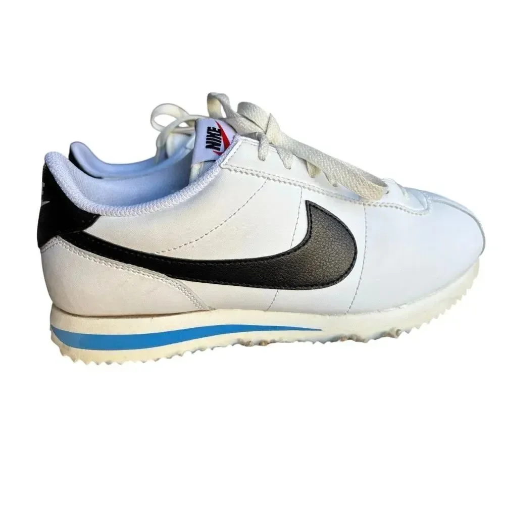 Nike Cortez women’s sneakers, US size 7.5, UK size 5, white, black, and blue